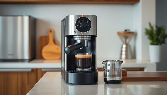 A compact coffee machine brewing coffee in a modern kitchen