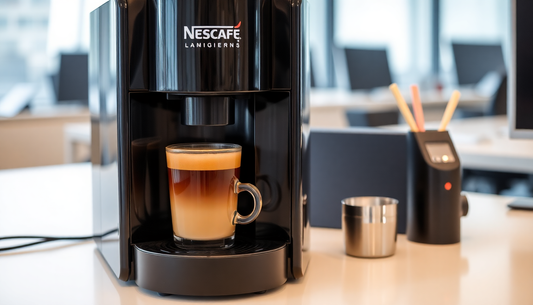 A Nescafe coffee machine brewing fresh coffee in office