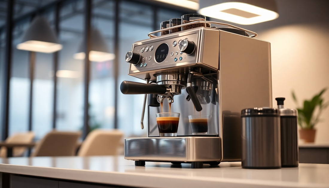 Modern Atlantis coffee machine brewing espresso in office