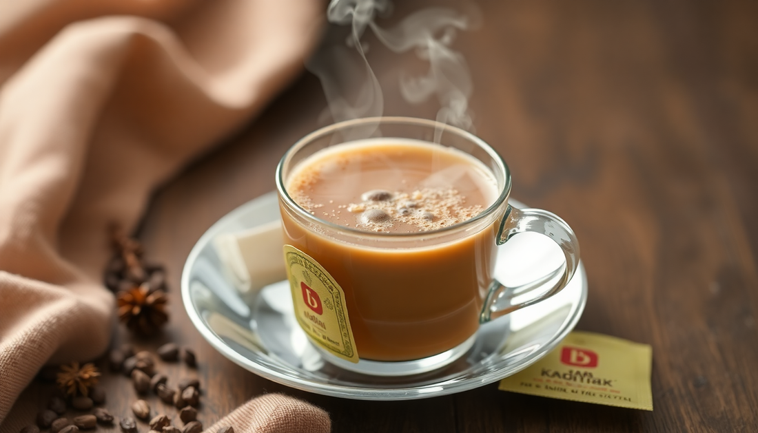 Steaming cup of Assam tea on a saucer with Atlantis Kadak Chai offers for offices tag on a wooden table
