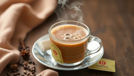 Steaming cup of Assam tea on a saucer with Atlantis Kadak Chai offers for offices tag on a wooden table