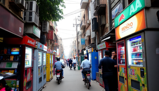 A busy street in Kolkata with vending machines