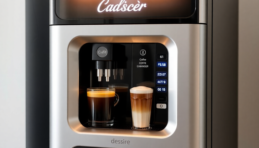 A sleek Café Desire coffee vending machine dispensing coffee