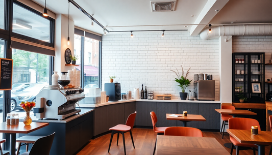 A modern café interior with coffee machines and cozy seating