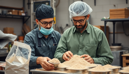 A factory worker packaging tea and coffee premix powder