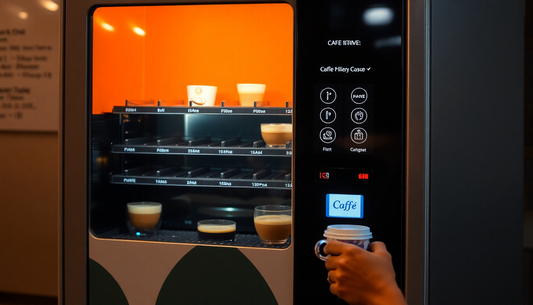 A modern café vending machine dispensing coffee in Kolkata