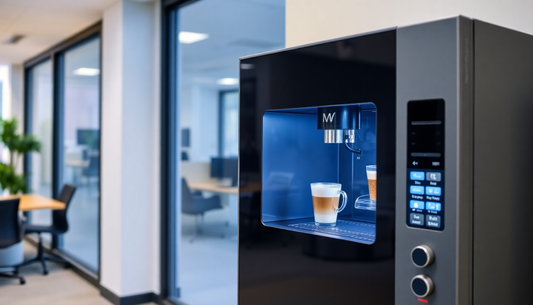 A sleek vending machine dispensing coffee in an office