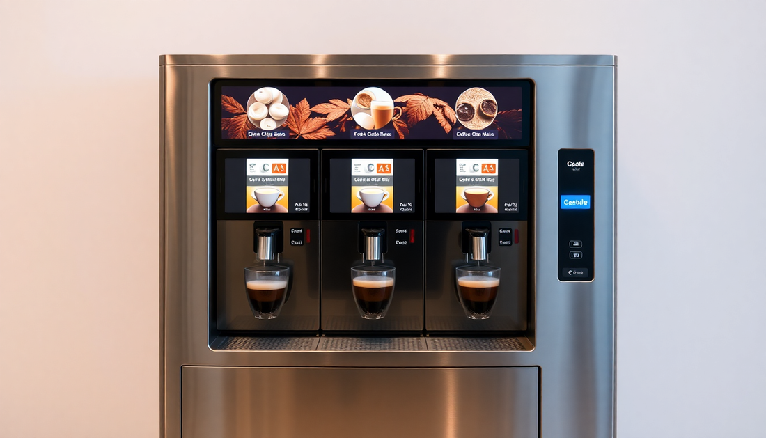 A sleek 3 lane coffee vending machine dispensing coffee