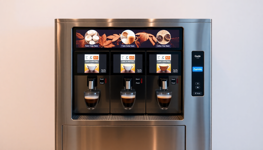 A sleek 3 lane coffee vending machine dispensing coffee