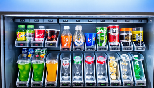 An automatic beverage vending machine dispensing drinks