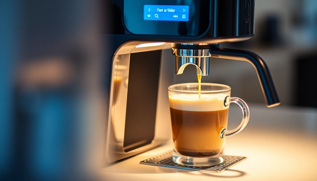 A sleek automatic coffee machine brewing fresh coffee