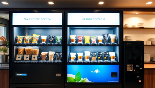 A modern vending machine dispensing tea and coffee in a cafe
