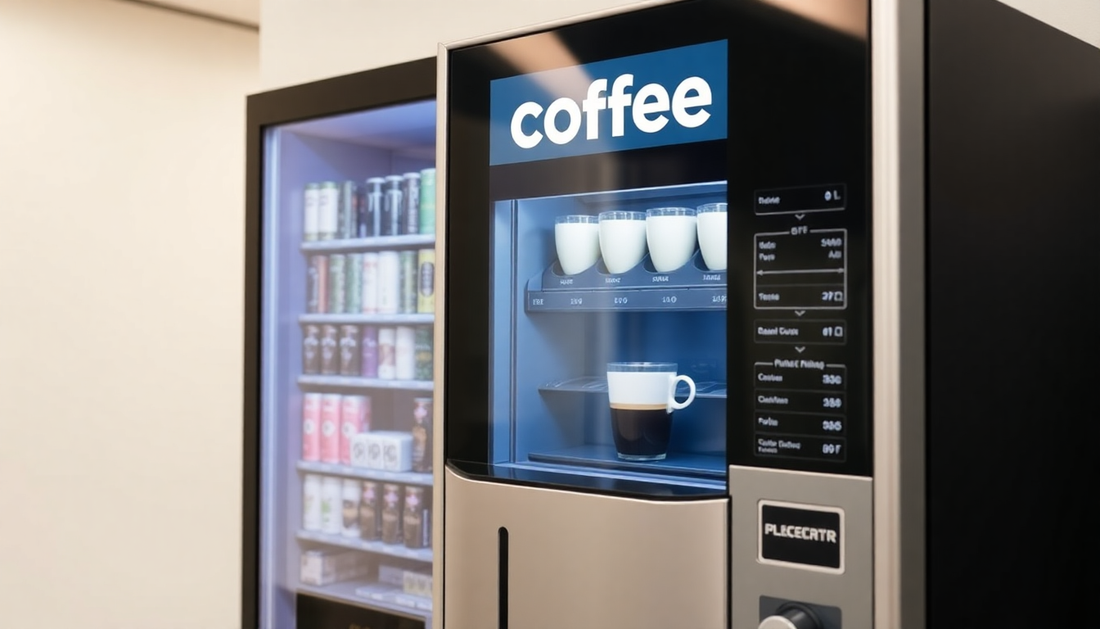 A modern vending machine dispensing coffee in an office