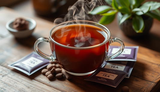 A steaming cup of tea with tea premix packets