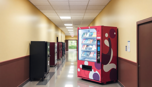 A modern vending machine in a school corridor