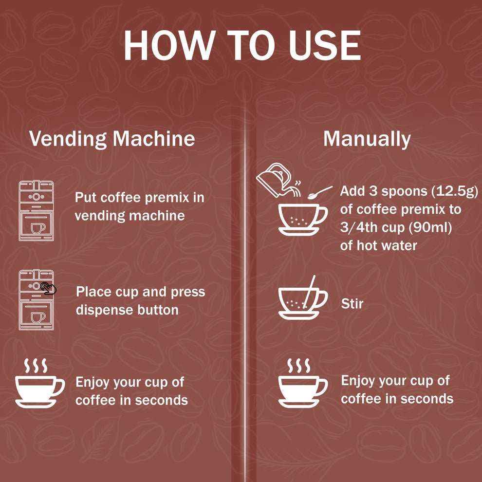 Instructions for using Amazon 3 in 1 coffee premix powder with vending machine or manually with hot water