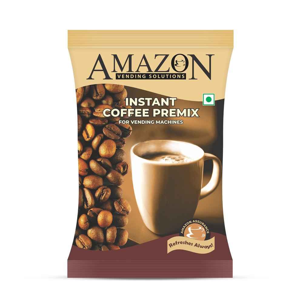 Amazon 3 in 1 coffee premix powder sachet with coffee beans and cup of coffee for vending machines