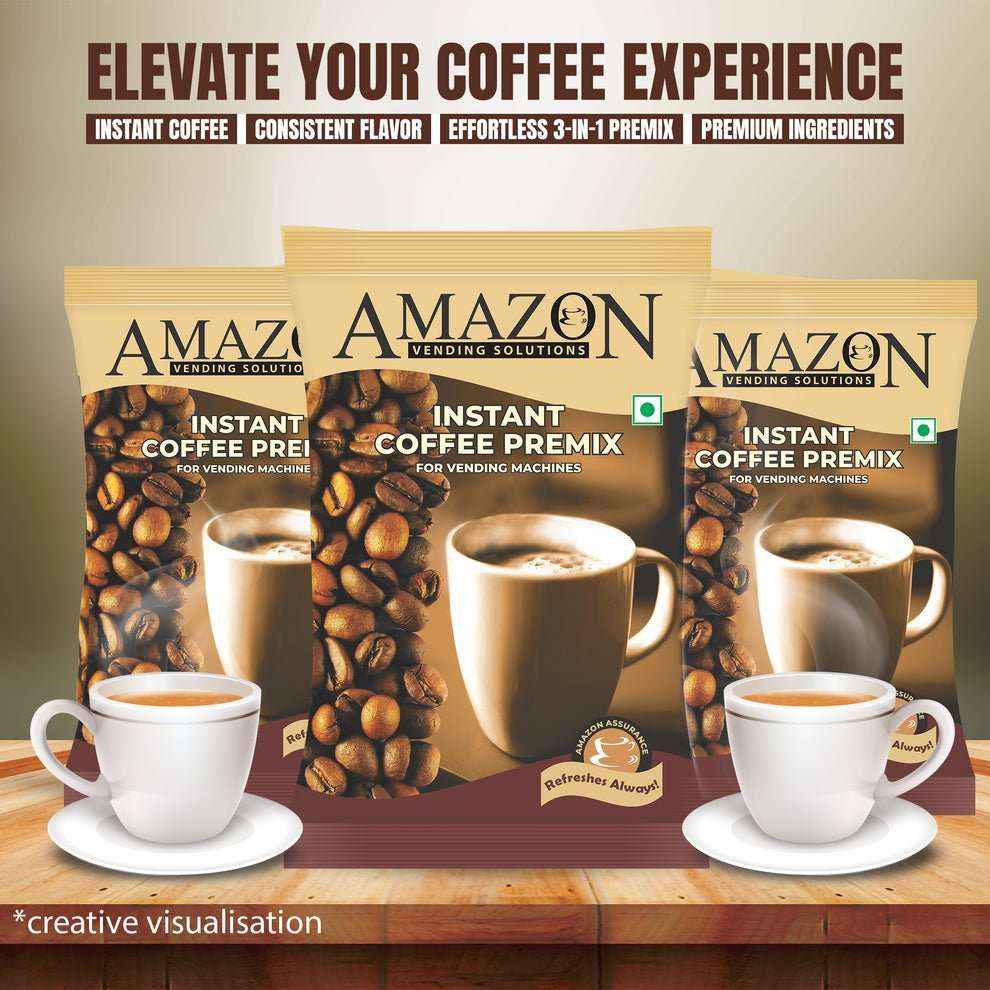 Amazon 3 in 1 coffee premix powder packs with coffee cups showcasing instant coffee for vending machines