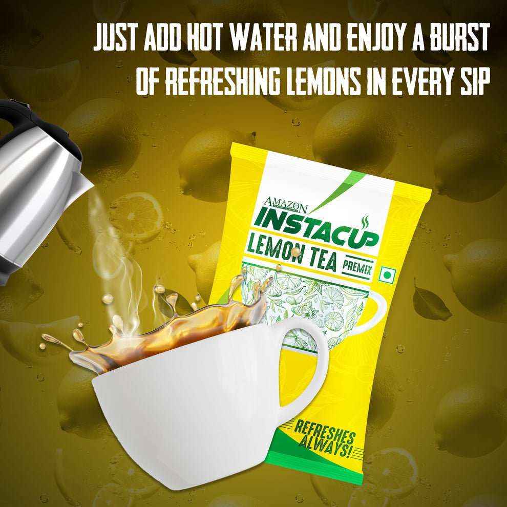 Atlantis lemon tea premix for vending machines with a steaming cup and pouring hot water