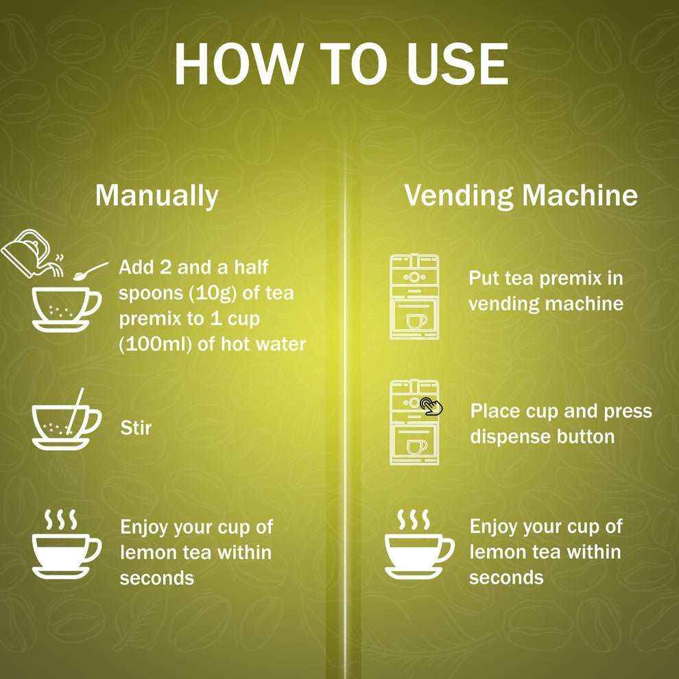 Instructions for using Atlantis lemon tea premix for vending machines manually and with vending machine