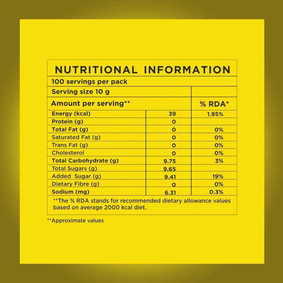 Nutritional information label for Atlantis lemon tea premix for vending machines showing energy, sugar, fat, and sodium content