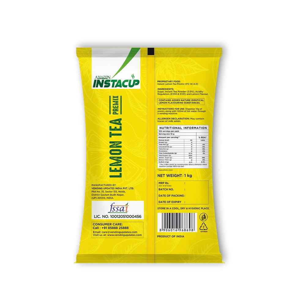 Atlantis lemon tea premix for vending machines 1kg yellow packet with nutritional information