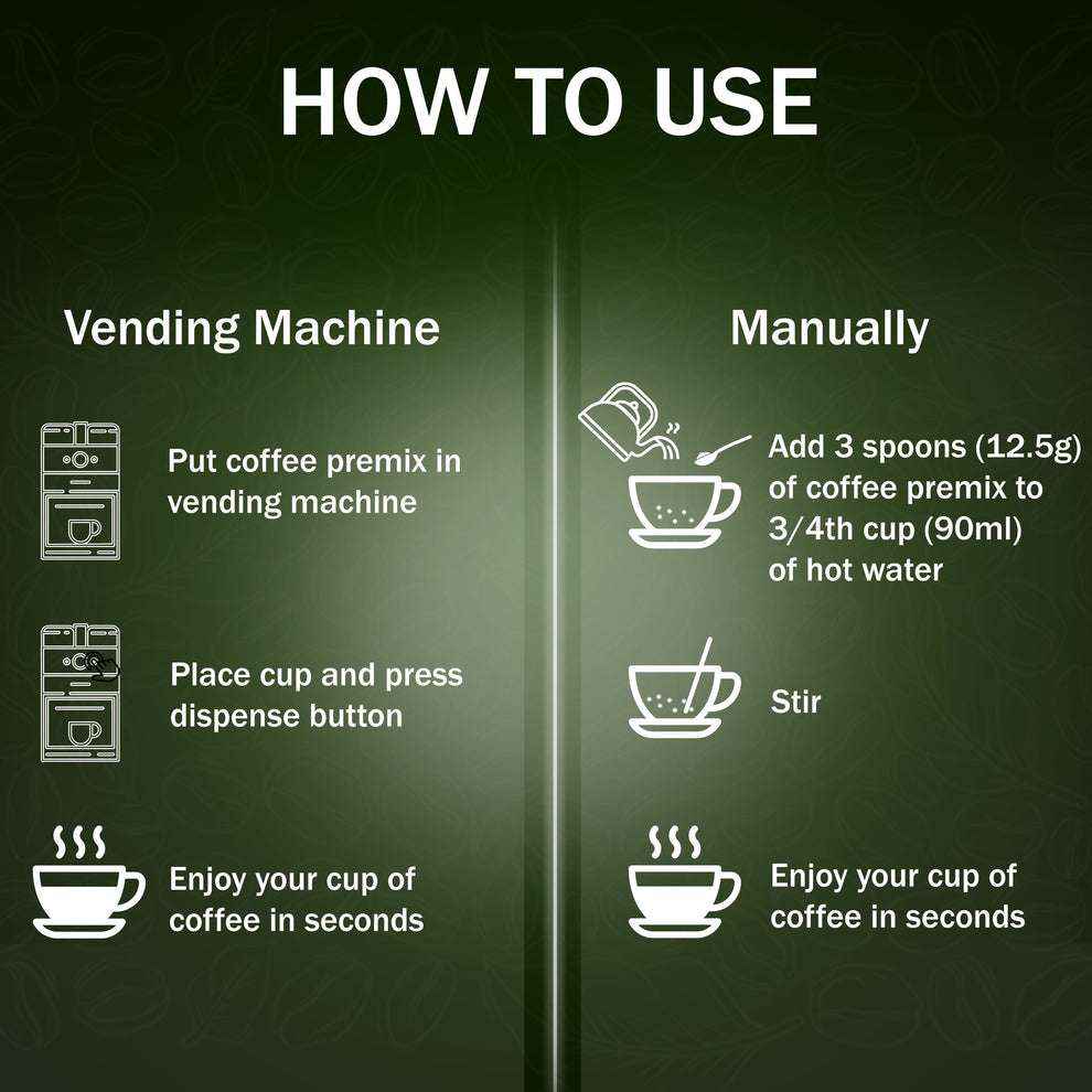 Instructions for using cardamom tea premix for vending machines with steps for vending machine and manual preparation
