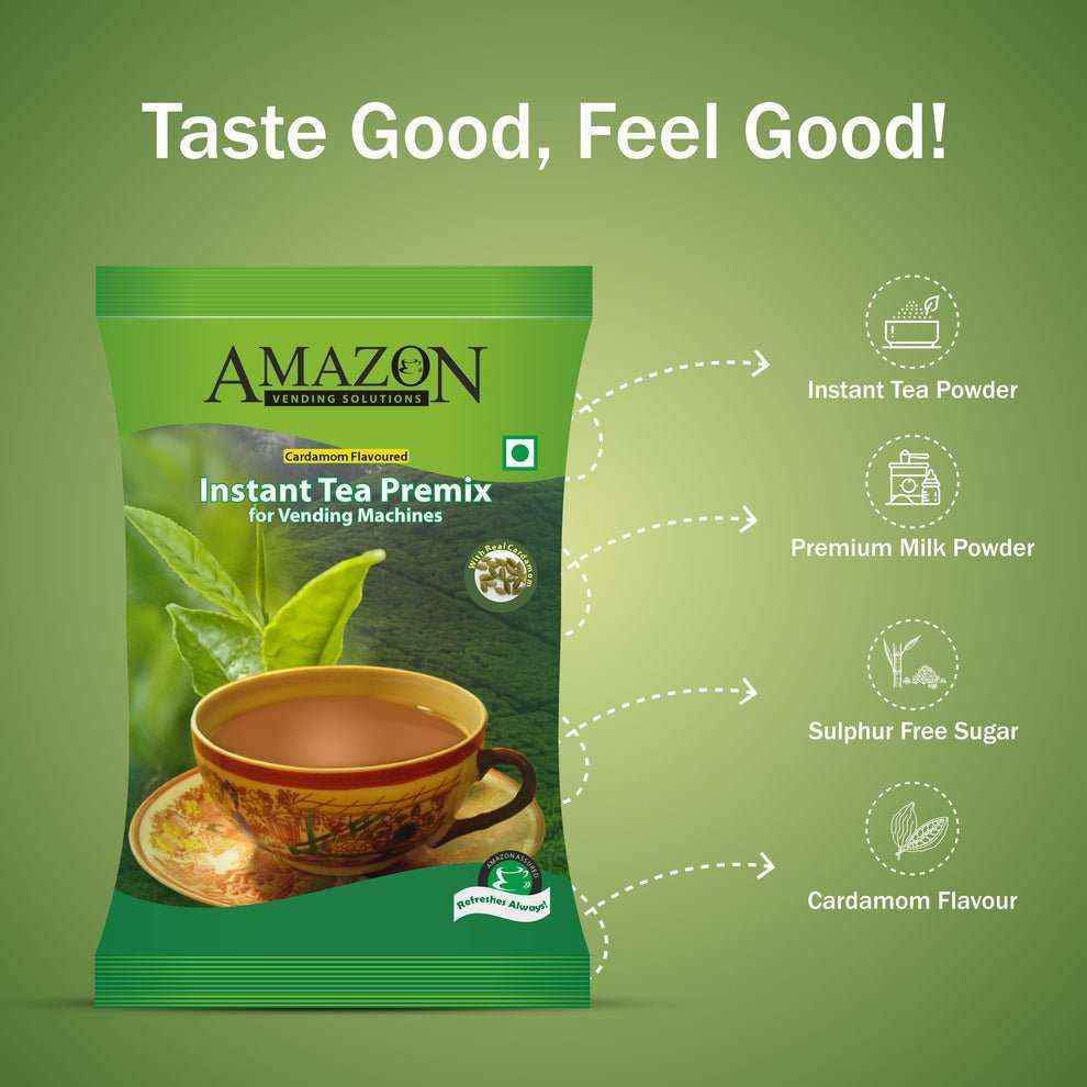 Cardamom tea premix for vending machines packet with cup of tea and ingredient highlights