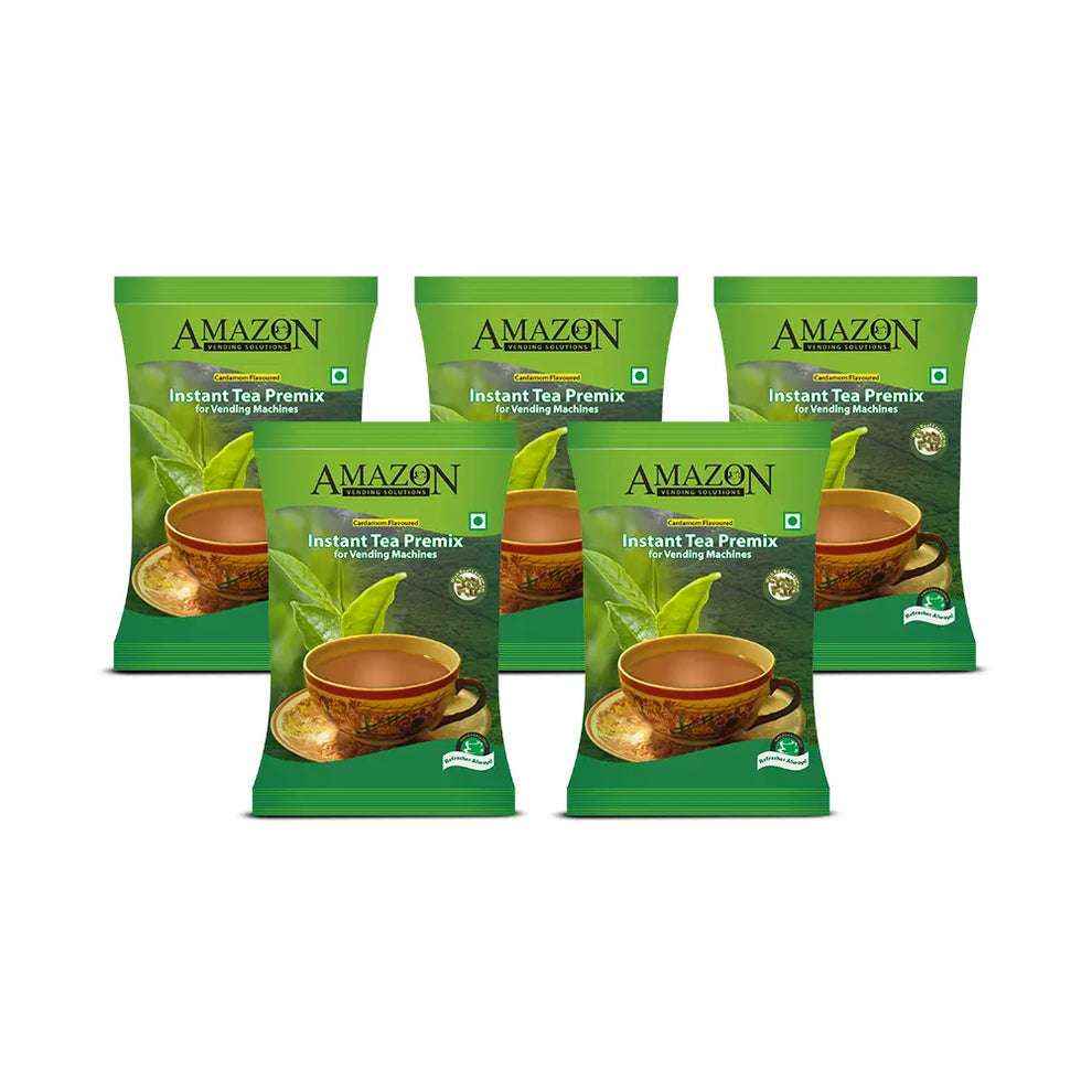 Amazon cardamom tea premix for vending machines packets in green packaging with a cup of tea image