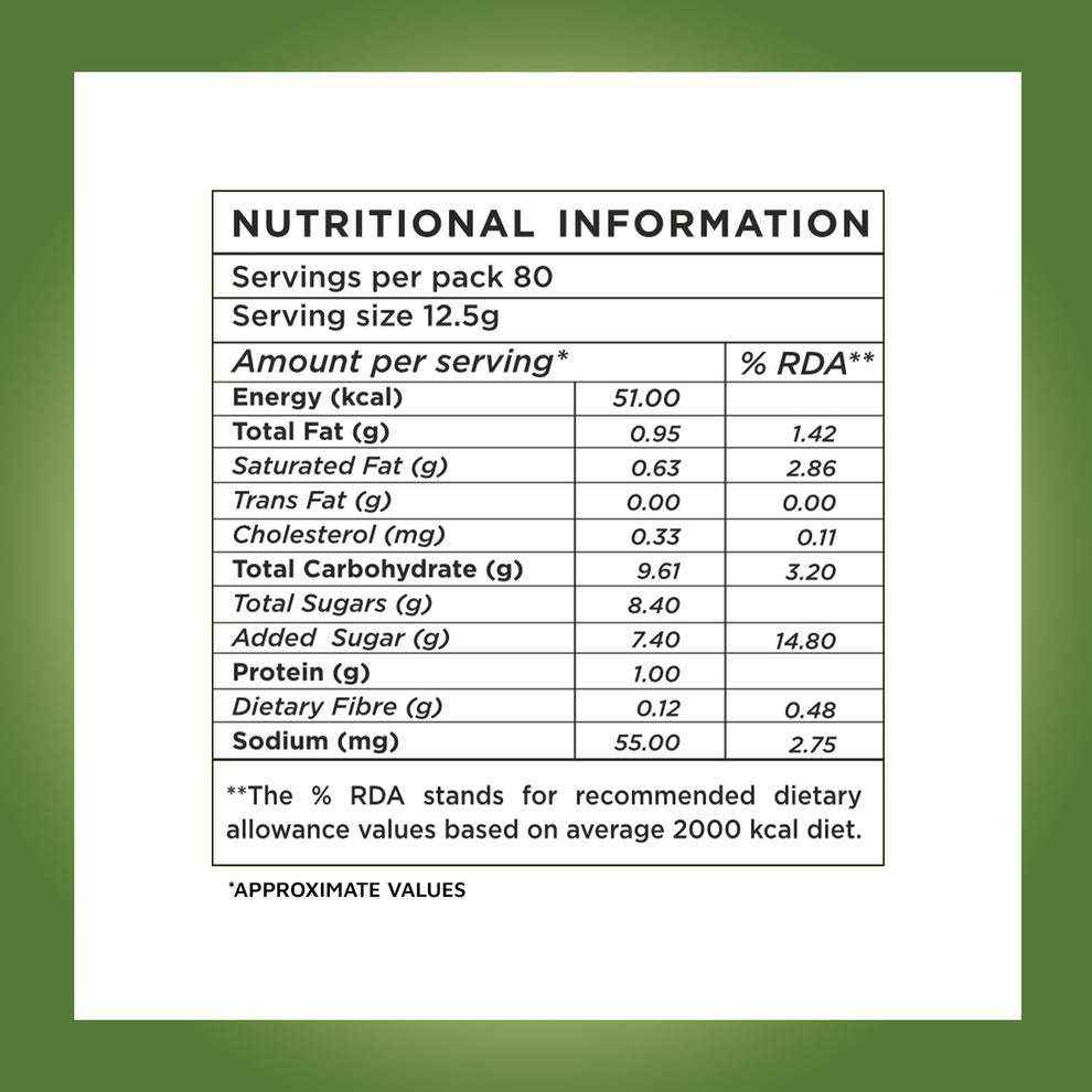 Nutritional information label for cardamom tea premix for vending machines with serving size and dietary values