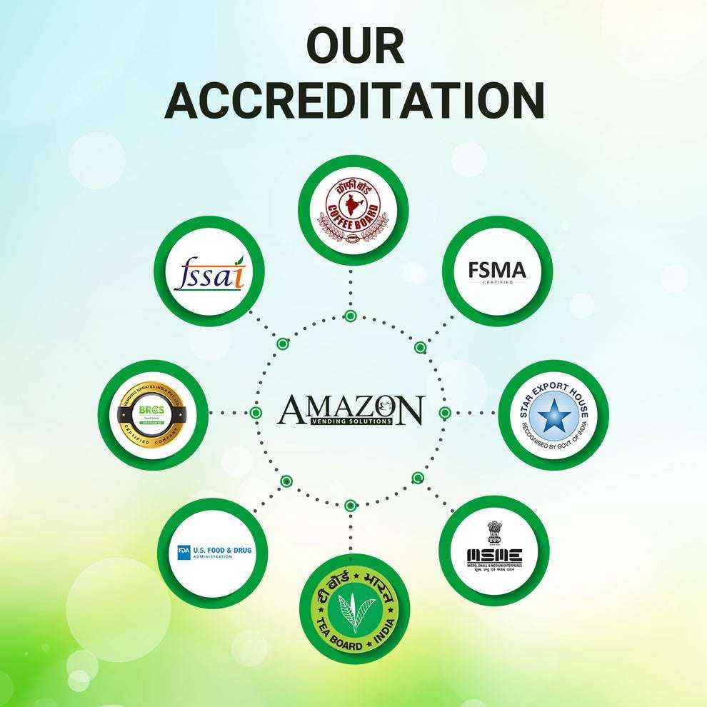Certification logos showing accreditation for cardamom tea premix for vending machines from Tea Coffee Vending Service