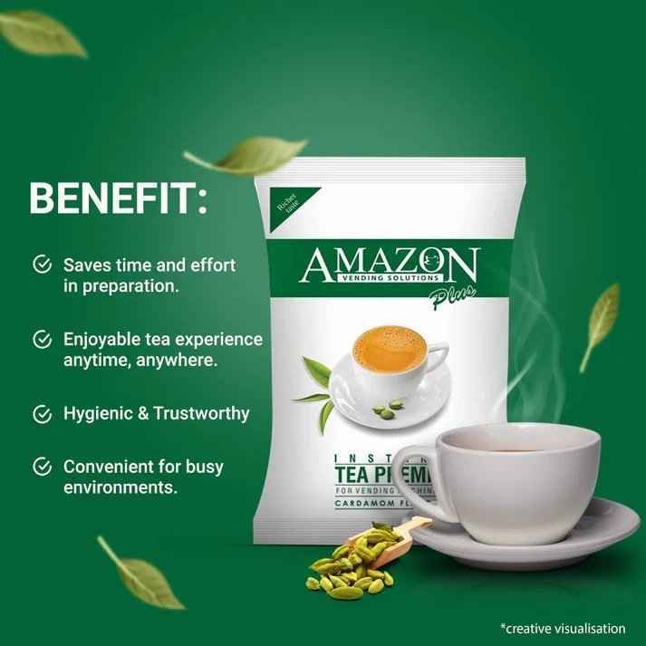AMAZON cardamom tea premix1 KG wholesale NOIDA packet with cup of tea and cardamom pods on green background