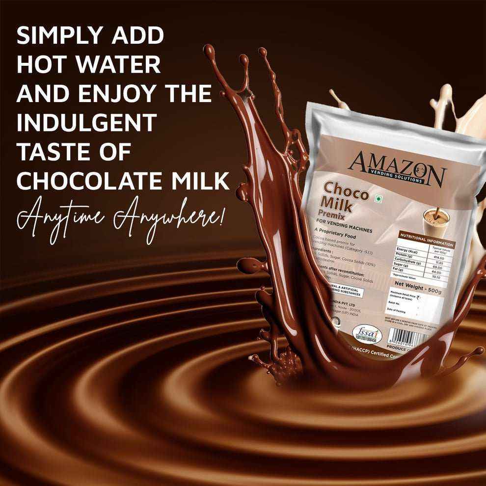 Amazon chocolate milk premix 500g pack splashing into creamy chocolate milk background