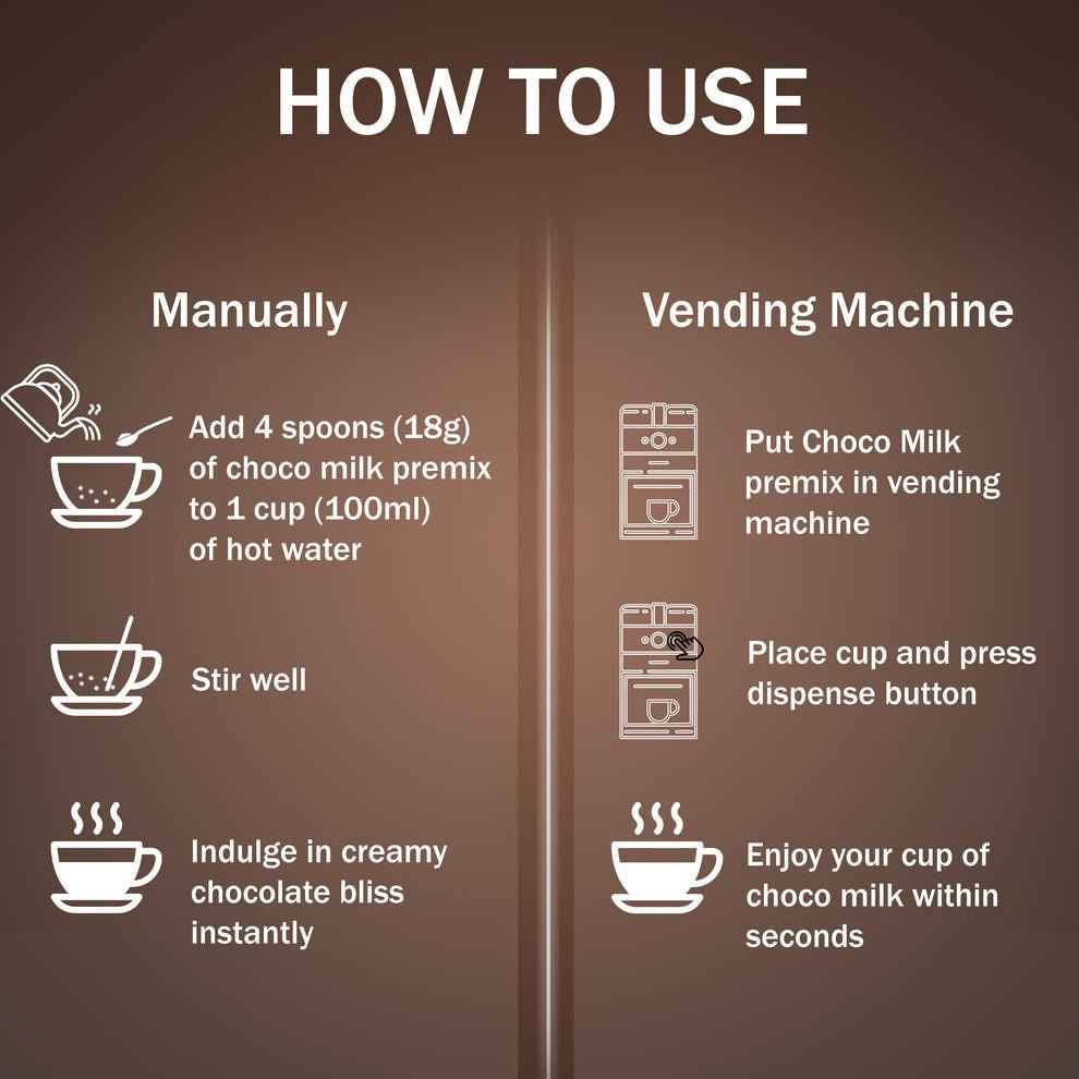 Instructions on how to use chocolate milk premix 500g manually and with a vending machine