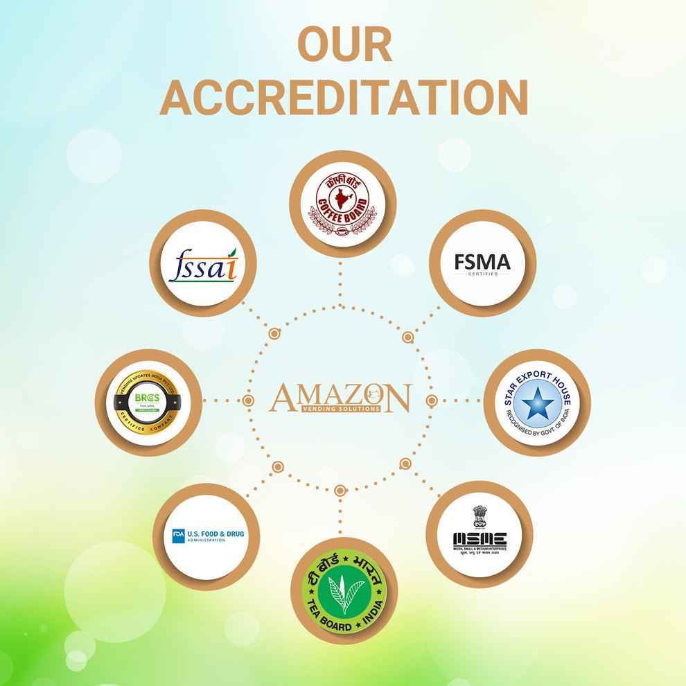 Accreditation logos of Tea coffee vending service highlighting quality assurance for chocolate milk premix 500g