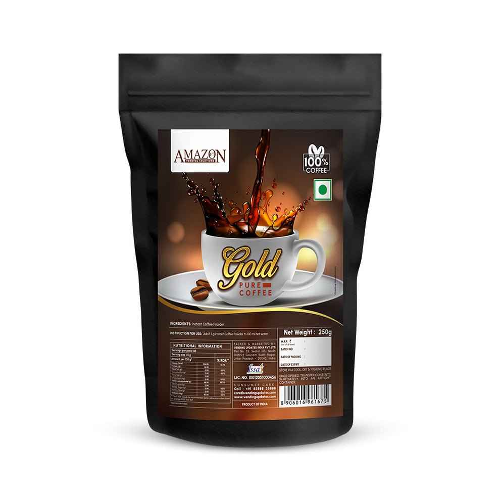 Amazon Gold Coffee Powder 250g price pack with 100 percent pure coffee in black resealable pouch