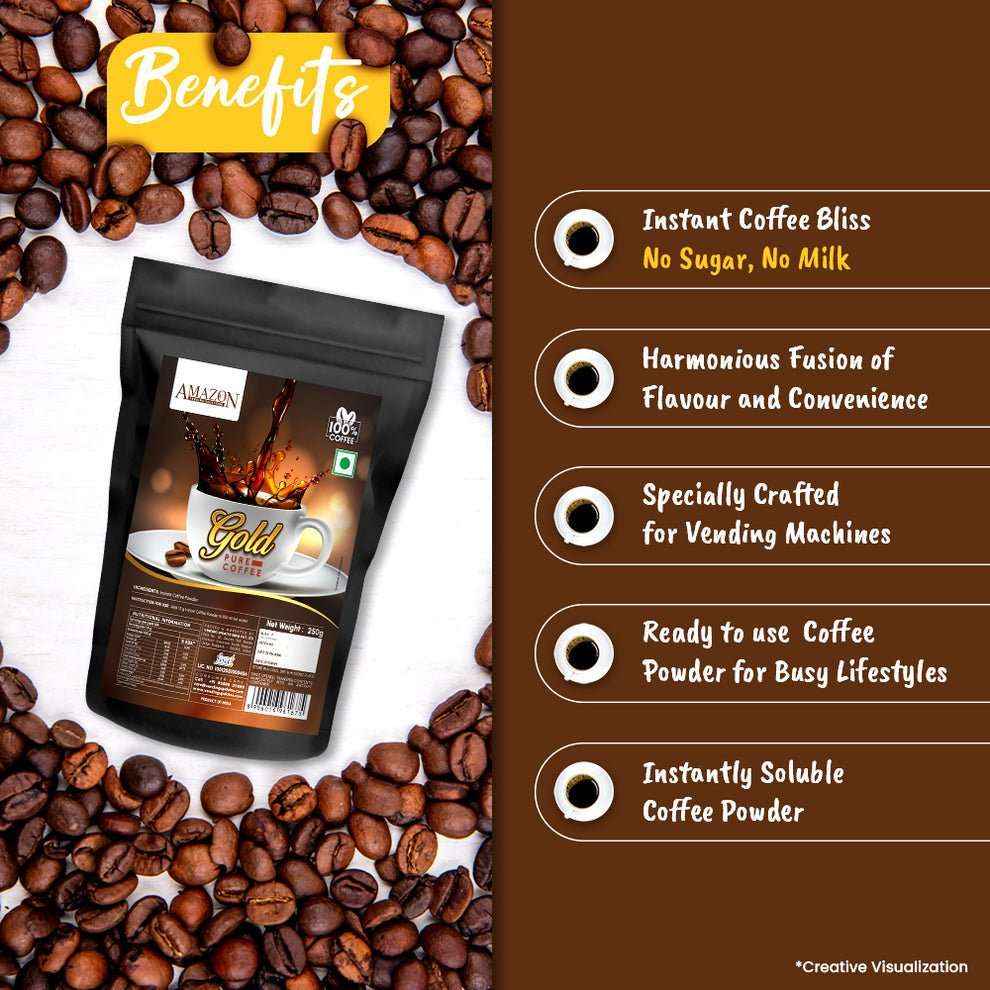 Amazon gold coffee powder 250g price shown with coffee beans and benefits for vending machines