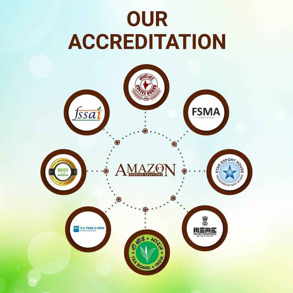 Amazon vending solutions accreditation logos including FSSAI FSMA Tea Board for Amazon gold coffee premix purchase online