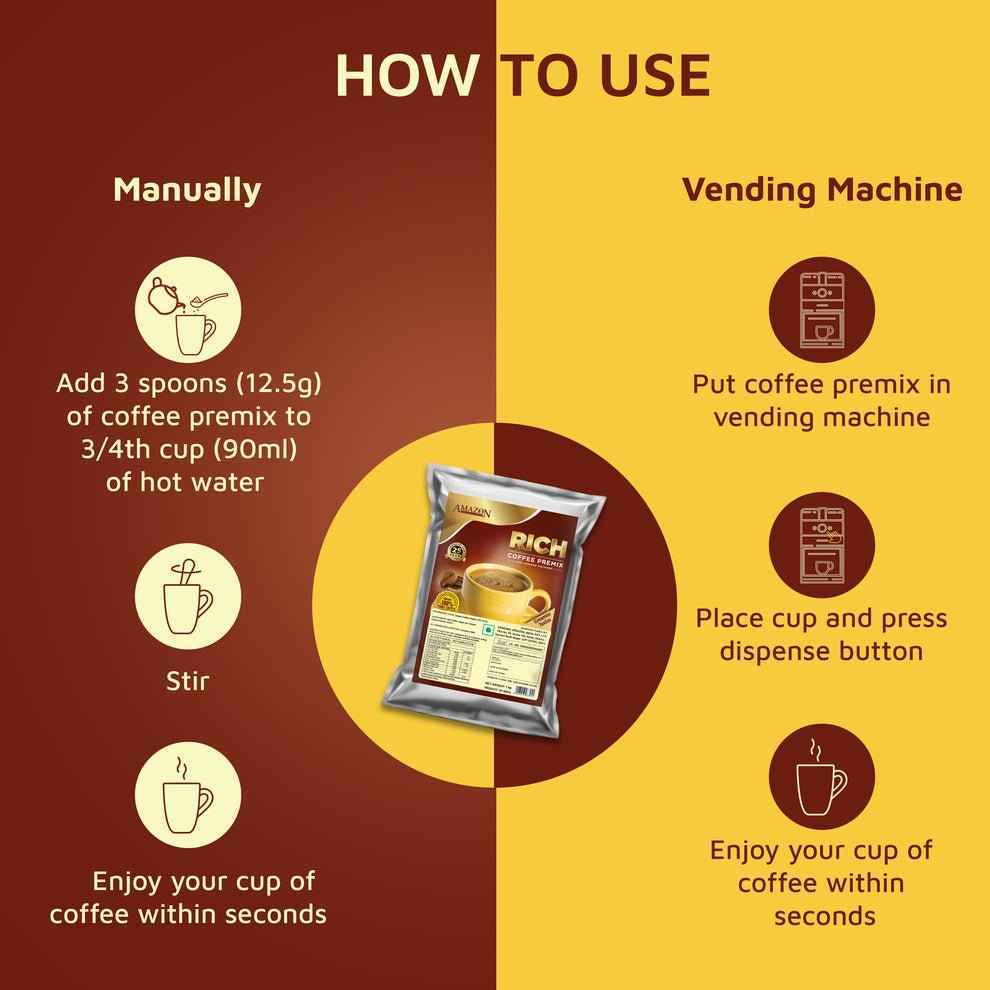Instructions for Amazon gold coffee premix purchase online showing manual and vending machine use with coffee sachet image