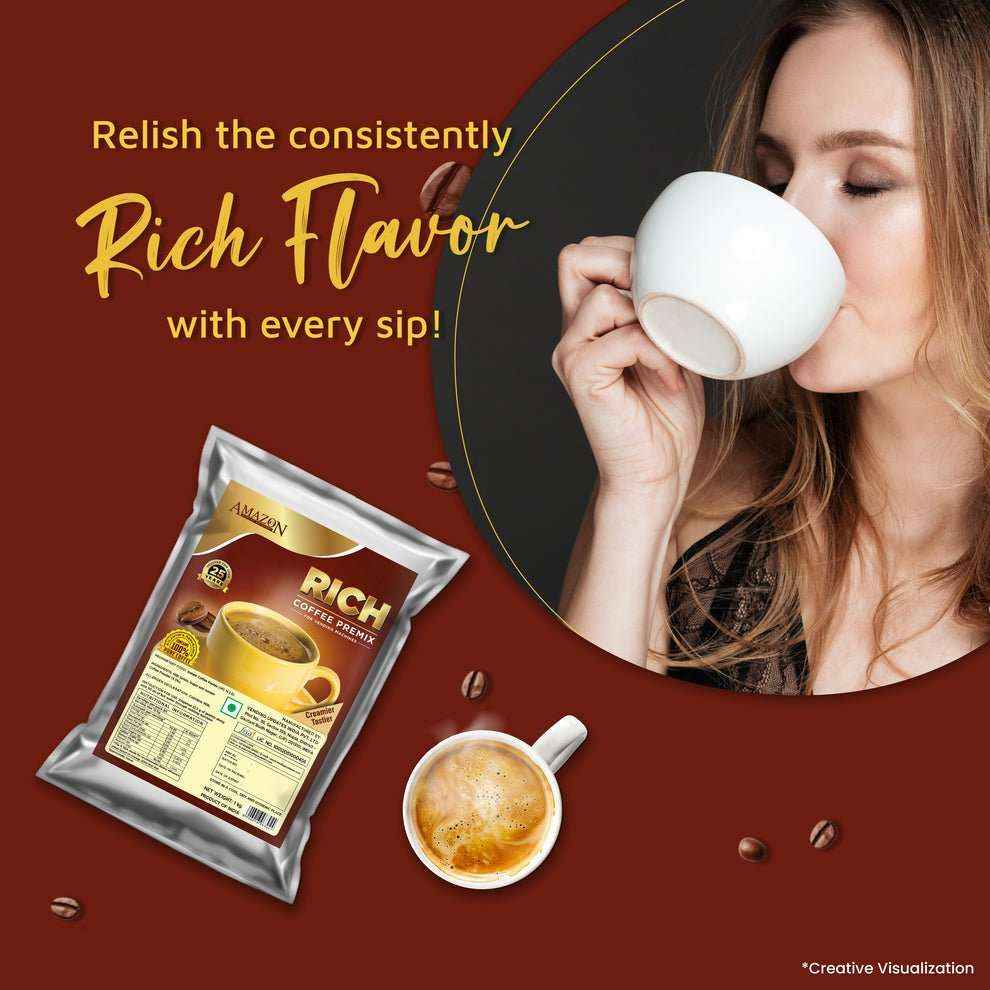 Amazon gold coffee premix purchase online with rich flavour shown by woman enjoying a cup and coffee pack