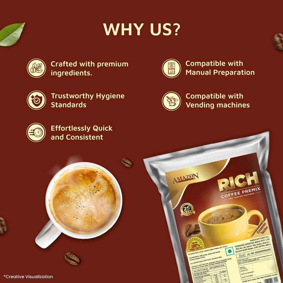 Amazon gold coffee premix purchase online showing rich coffee pack with a cup of frothy coffee and benefits