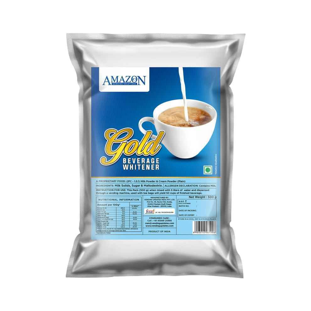 Amazon Gold dairy whitener for vending machines in silver packaging with cup of tea image