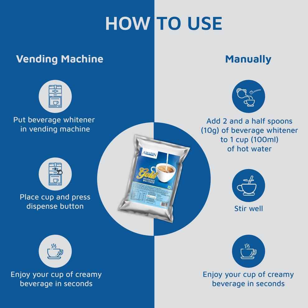 Instructions on how to use Amazon Gold dairy whitener for vending machines and manual preparation
