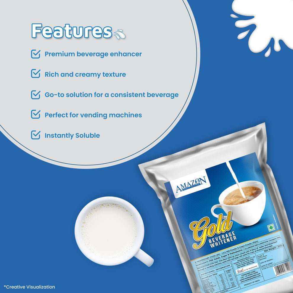 Amazon Gold tea and coffee premix whitener packet with cup of creamy beverage on blue background