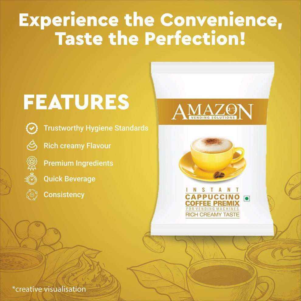 Amazon instant cappuccino powder sachet with rich creamy flavour and premium ingredients by Tea coffee vending service