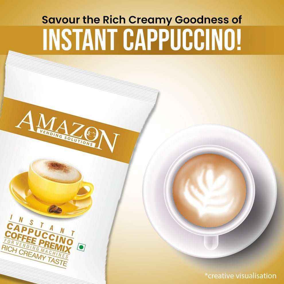 Amazon instant cappuccino powder pack next to a cup of creamy cappuccino with latte art on a saucer