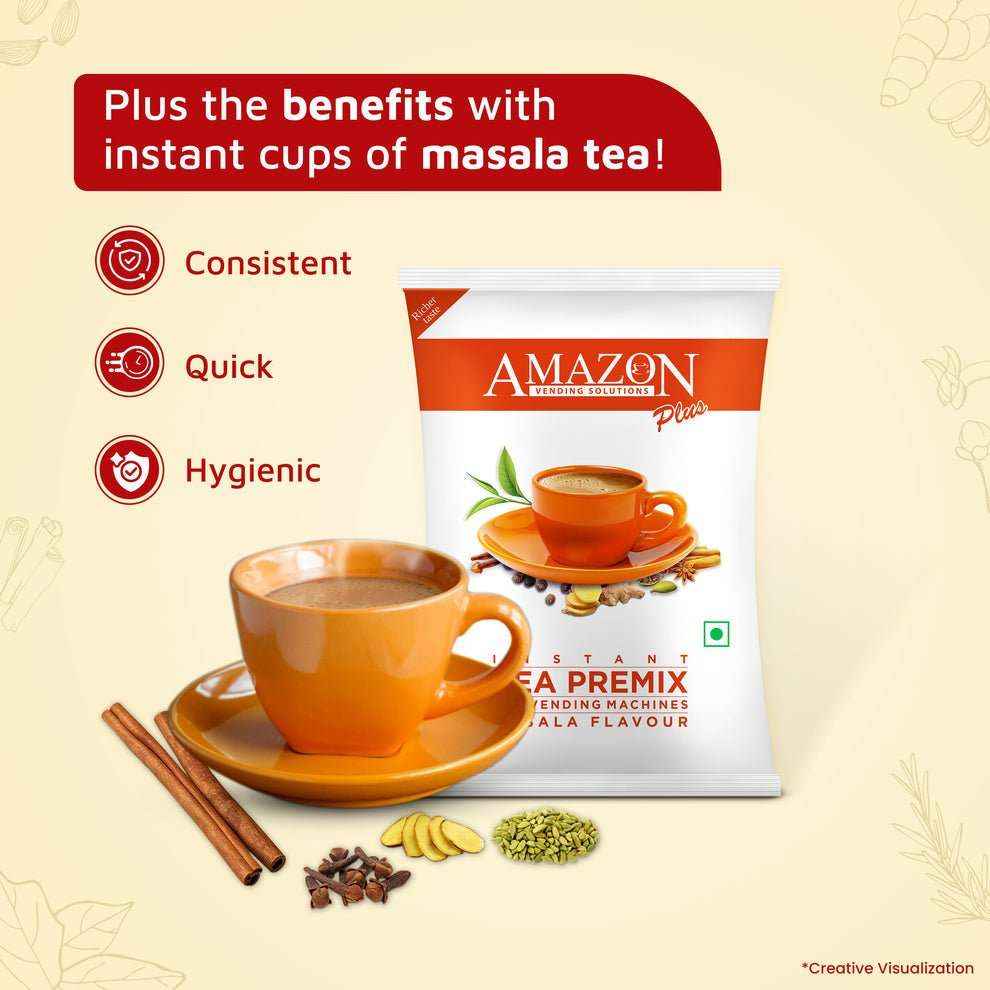 Amazon Plus instant masala chai premix packet with cup of masala tea and spices on saucer
