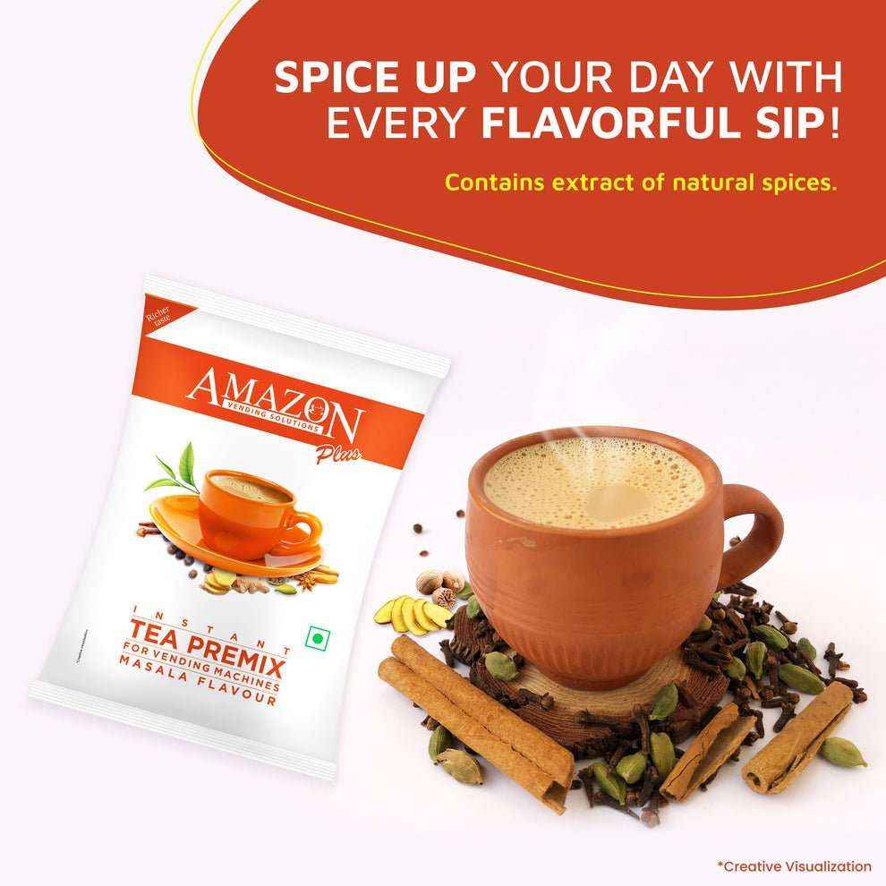 Instant masala chai premix packet with a cup of masala chai and natural spices like cinnamon and cardamom