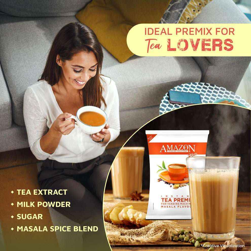 Instant masala chai premix pack with tea extract milk powder sugar and masala spice blend alongside a woman enjoying a cup of chai