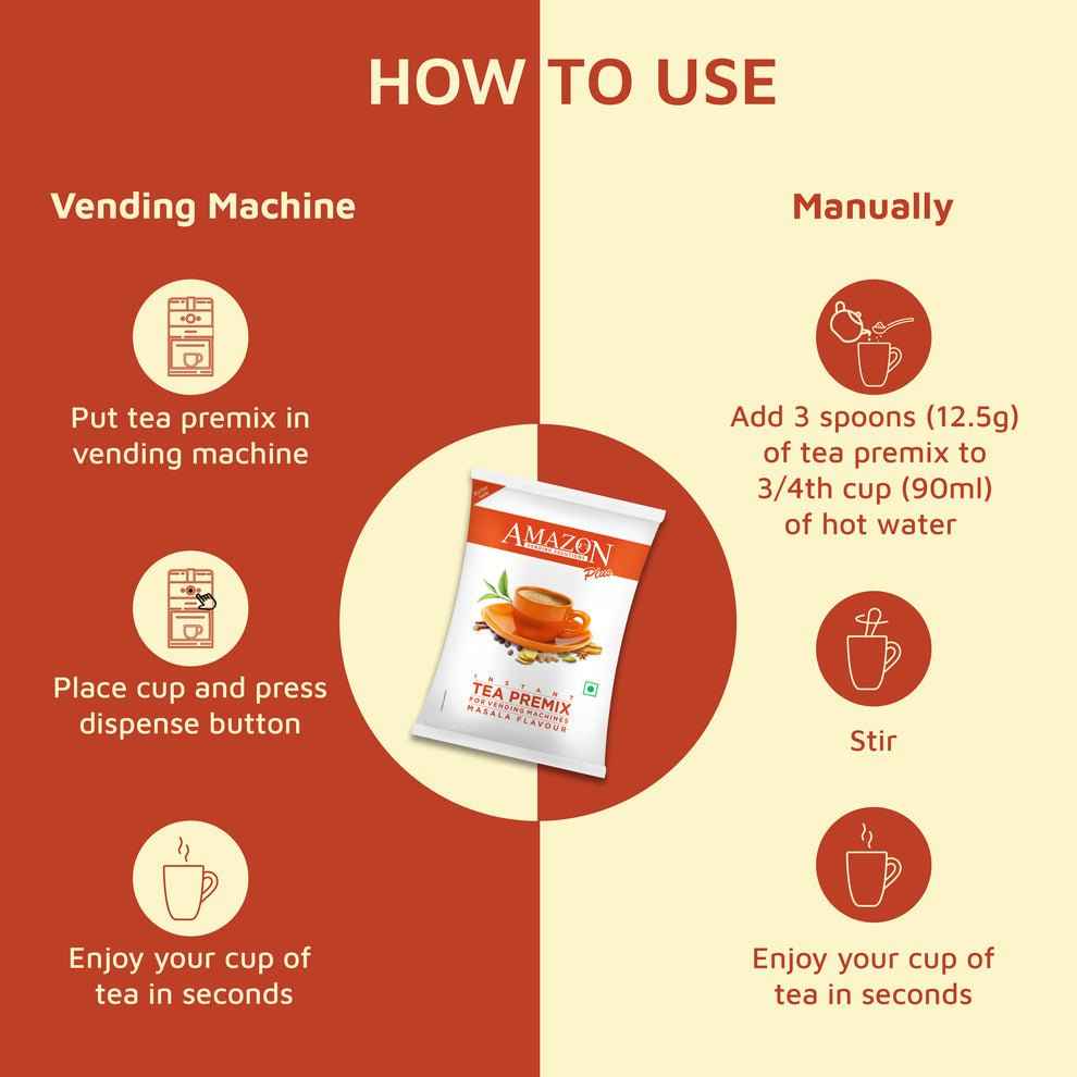 Instructions for using instant masala chai premix with vending machine or manually with hot water
